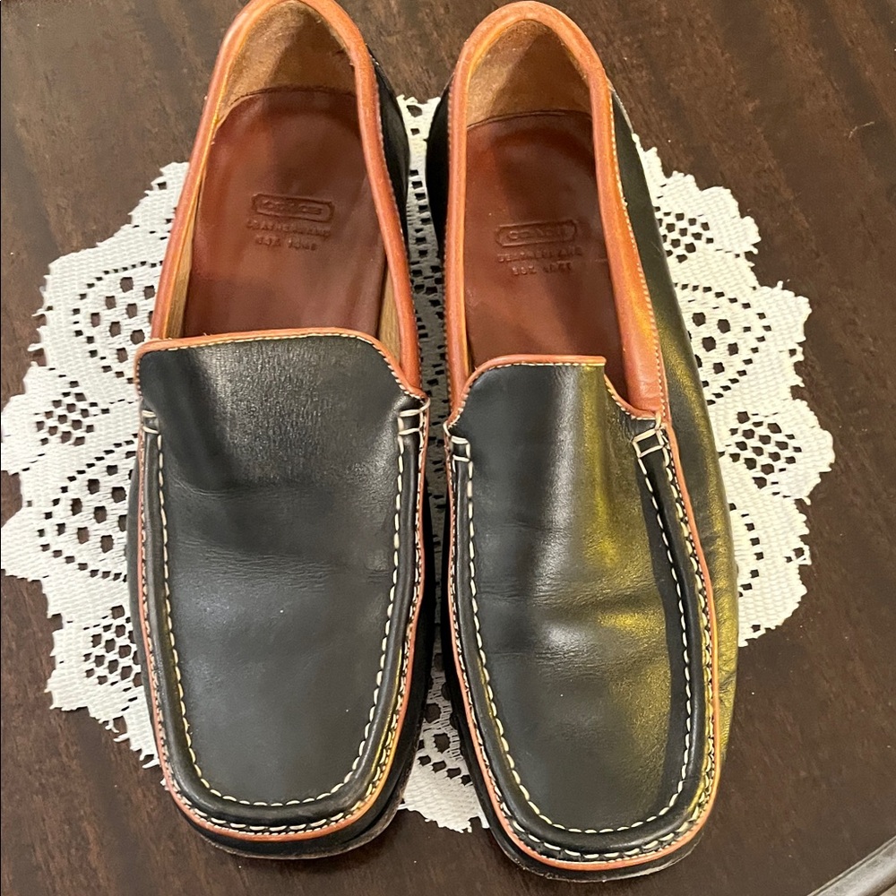 Coach Black and Brown Leather Slip-On Loafers